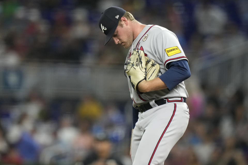 Atlanta Braves starting pitcher Bryce Elder stands on the mound during the first inning of a baseball game against the Miami Marlins, Friday, Sept. 15, 2023, in Miami. (AP Photo/Lynne Sladky)