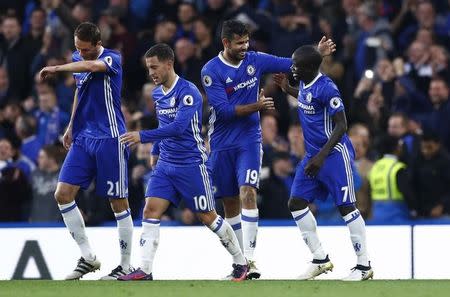 Britain Soccer Football - Chelsea v Manchester United - Premier League - Stamford Bridge - 23/10/16 Chelsea's N'Golo Kante celebrates scoring their fourth goal with team mates Reuters / Eddie Keogh Livepic