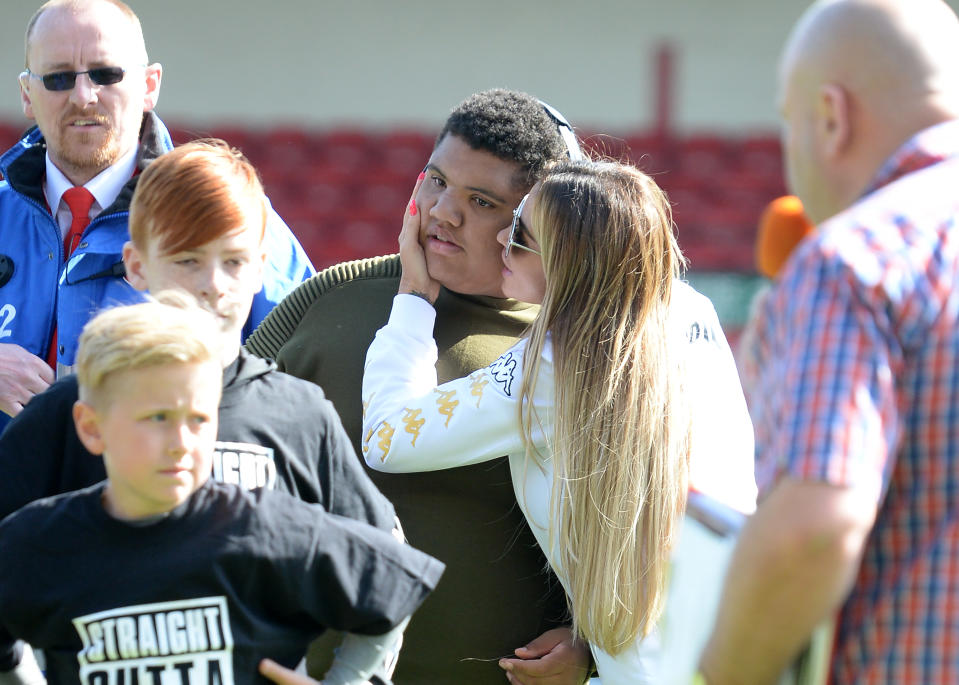 WALSALL, ENGLAND - MAY 13:  Katie Price and Son, Harvey attend Sellebrity Soccer Match in aid of Smile For Joel and Compton Hospice at Banks' Stadium on May 13, 2017 in Walsall, England.  (Photo by Eamonn M. McCormack/Getty Images)