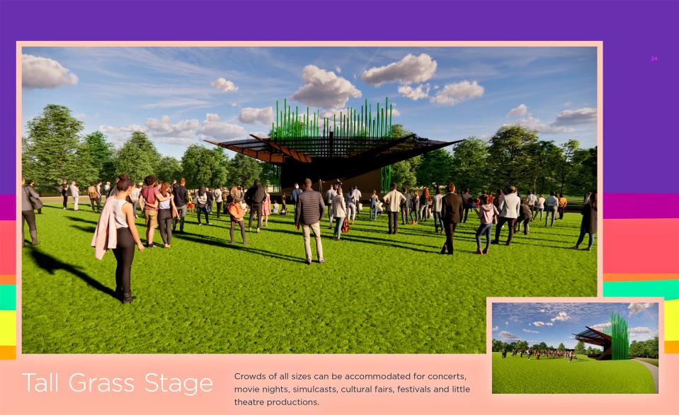 This illustration shows the Tall Grass Stage, an outside performance venue within The Uncommon Ground Sculpture Park.