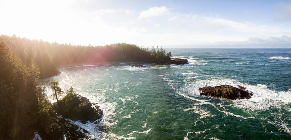 Aerial panoramic seascape view during a vibrant winter morning. Taken near Tofino and Ucluelet, Vancouver Island, British Columbia, Canada. (Provided by Expedia)