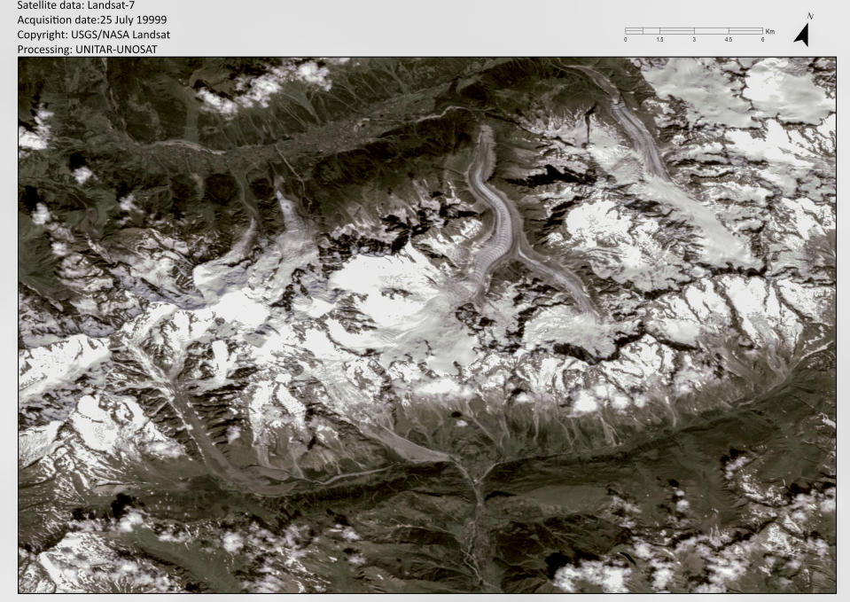 This satellite photo provided by UNITAR-UNOSAT, and taken by USGS/NASA on Sunday, July 25, 1999, shows the Mont Blanc massif in the Italian Alps near Courmayeur. Italian officials sounded an alarm Wednesday, Sept. 25, 2019, over climate change due to the threat that a fast-moving melting glacier, located on the Grande Jorasses peak of the massif, is posing to a picturesque valley near the Alpine town of Courmayeur. The glacier, which spreads 1,327 square kilometers (512 square miles) across the mountain, has been moving up to 50 centimeters (nearly 20 inches) a day. (USGS/NASA via AP)