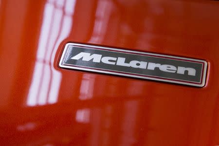 The nameplate is seen on the hood of a McLaren F-1 LM-Specification car at Sotheby's in New York June 3, 2015. REUTERS/Brendan McDermid