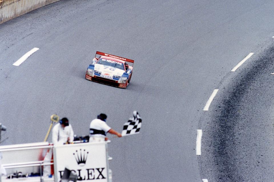 DAYTONA BEACH, FL — February 6, 1994:  The checkered flag falls at Daytona International Speedway as the Nissan 300ZX of Scott Pruett, Butch Leitzinger, Paul Gentilozzi and Steve Millen takes the victory in the Rolex 24 at Daytona.