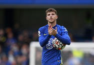 Chelsea's Mason Mount applauds to fans at the end of the English Premier League soccer match between Chelsea and Norwich City at Stamford Bridge Stadium in London, Saturday, Oct. 23, 2021. (AP Photo/Ian Walton)