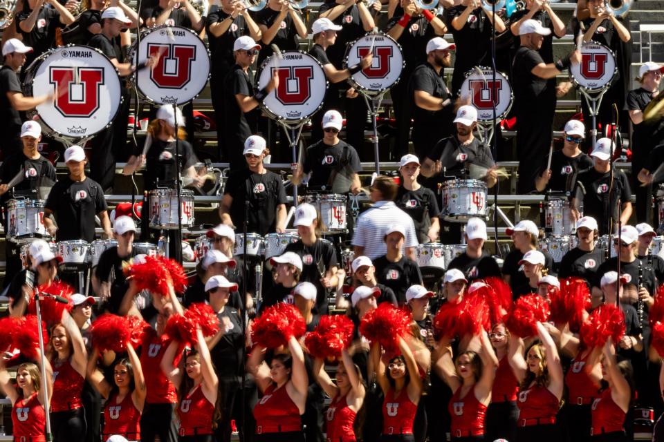 Utah Utes marching band cheers during the football game against the Weber State Wildcats at Rice-Eccles Stadium in Salt Lake City on Saturday, Sept. 16, 2023. | Megan Nielsen, Deseret News