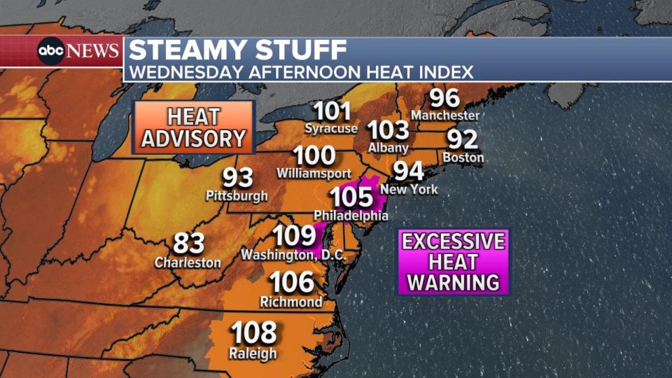 PHOTO: This weather map shows the heat index for the afternoon on Wednesday, July 10, 2024.  (ABC News)
