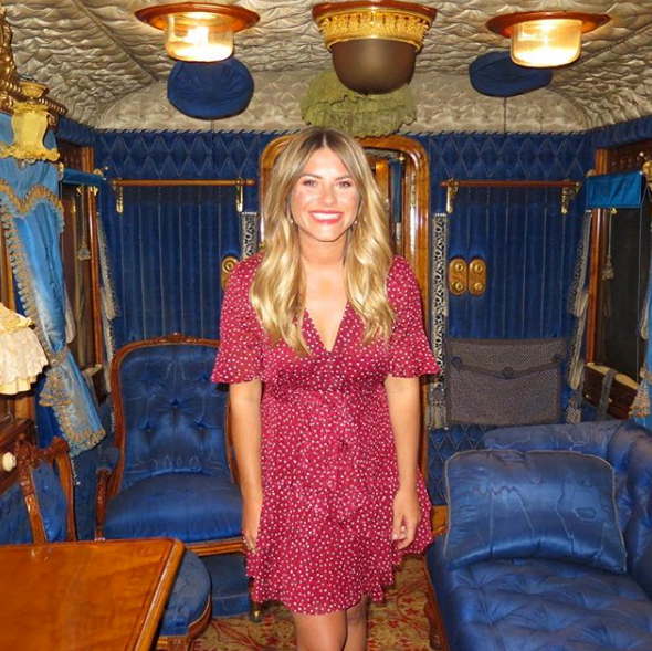 <p>Weather presenter for the TODAY show on channel Nine and journalist Natalia Cooper posed inside Queen Victoria’s train carriage in York, England wearing a dress designed by Rodeo Show.<br>Source: Instagram/nataliacooper_ </p>