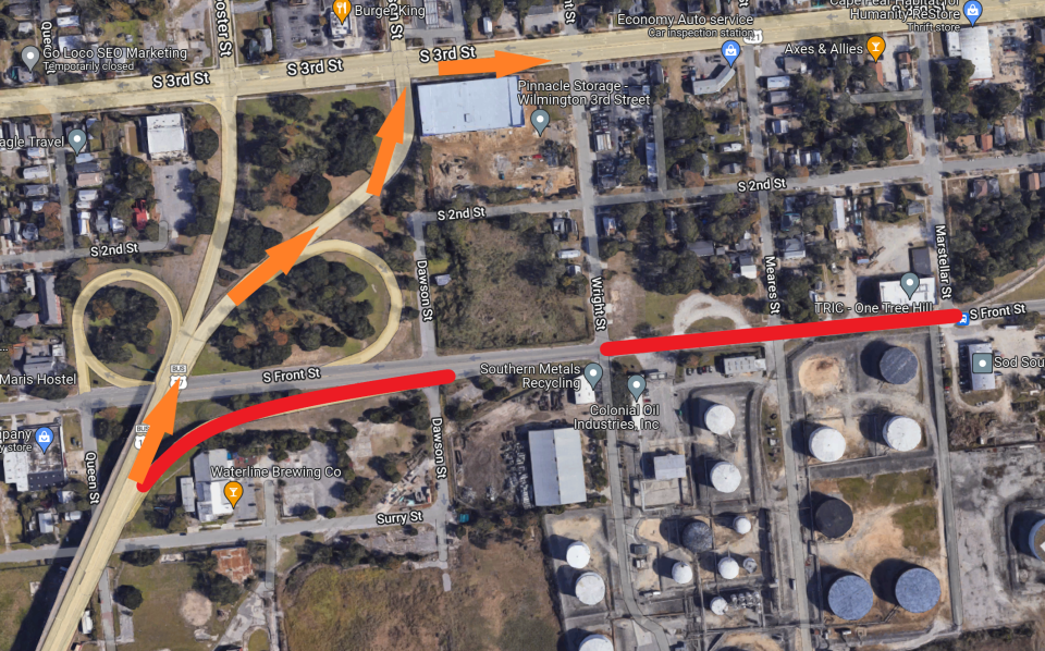 A map showing road closures and a detour route following a water main break on S. Front Street on June 30.