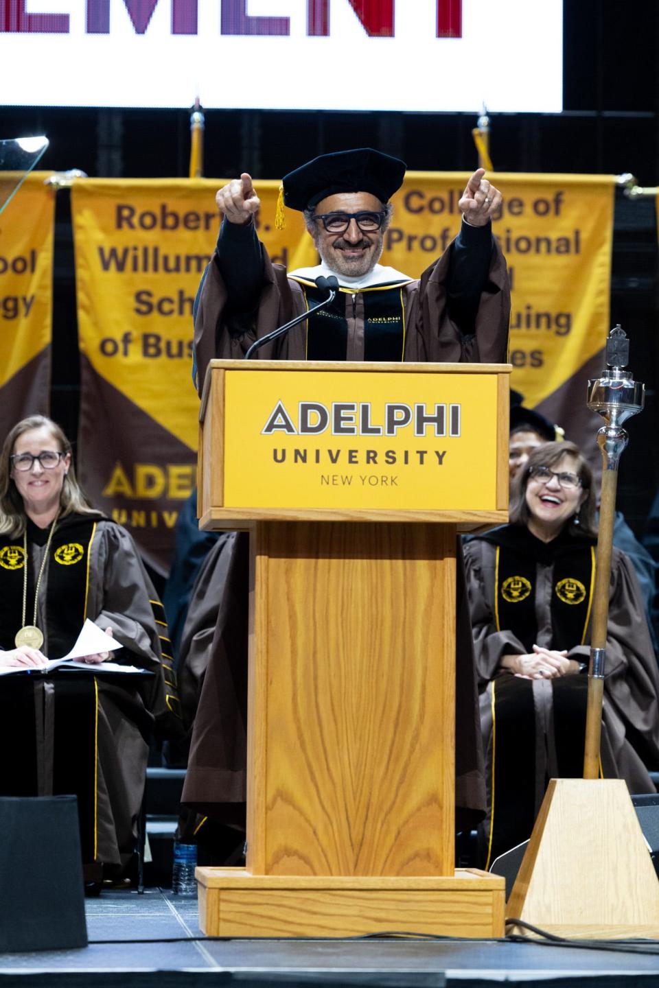 Chobani yogurt founder and CEO Hamdi Ulukaya addresses the Class of 2023 on May 23 at Adelphi University in Garden City, N.Y.