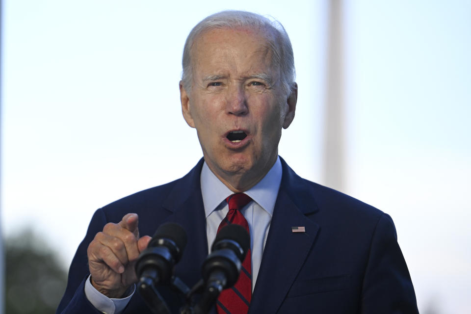 FILE - President Joe Biden speaks from the Blue Room Balcony of the White House Monday, Aug. 1, 2022, in Washington, as he announces that a U.S. airstrike killed al-Qaida leader Ayman al-Zawahri in Afghanistan. One year after ending the war in Afghanistan, Biden and top national security officials speak less about counterterrorism and more about the political, economic, and military threats posed by China as well as Russia. (Jim Watson/Pool via AP, File)