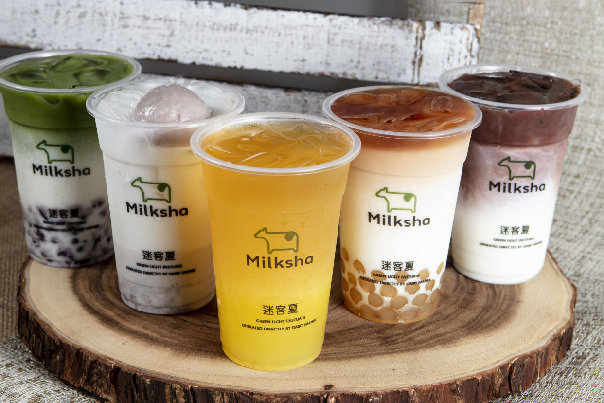 Taiwanese bubble tea brand Milksha's top five products (from left): Azuki Matcha Milk, Fresh Taro Milk, Refreshing Orange Green Tea, Earl Grey Latte with Honey Pearl and Valrhona 100% Cocoa Milk. (PHOTO: Milksha)