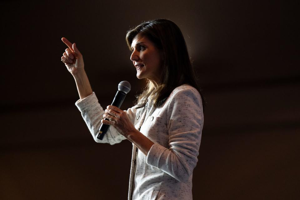 NORTH CHARLESTON, SOUTH CAROLINA - JANUARY 24: Republican presidential hopeful and former UN Ambassador Nikki Haley holds a rally on January 24, 2024 in North Charleston, South Carolina. After her defeat to Trump in New Hampshire, Haley pledged to continue on to her home state of South Carolina, insisting she still has a path to the nomination (Photo by Allison Joyce/Getty Images)