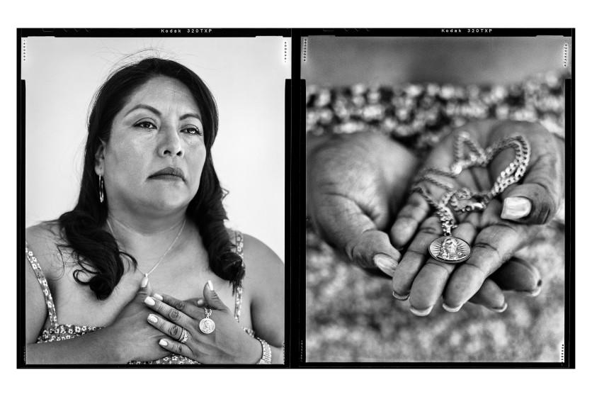 Inglewood, CA - June 28: Griselda Urbina holds a necklace that belonged to her late husband Dario, while being photographed at her home, in Inglewood, CA, Monday, June 28, 2021. In advance of this Indepedence Day, Urbina is preparing for the one-year anniversary of her husband's death on July 6, 2020, from COVID-19 complications. In thinking about the last year, with her family all having gotten sick with the virus and her husband's death from it, she says, "COVID will not have us suffering. We've suffered a lot, we lost my husband. What more can we lose? And I stopped feeling fear." (Jay L. Clendenin / Los Angeles Times)