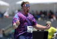 FILE PHOTO: Jun 25, 2017; Sacramento, CA, USA; Ryan Crouser celebrates after winning the shot put with a throw of 74-3 3/4 (22.65m) - the longest in the world in 14 years - during the USA Track and Field Championships at Hornet Stadium. Mandatory Credit: Kirby Lee-USA TODAY Sports