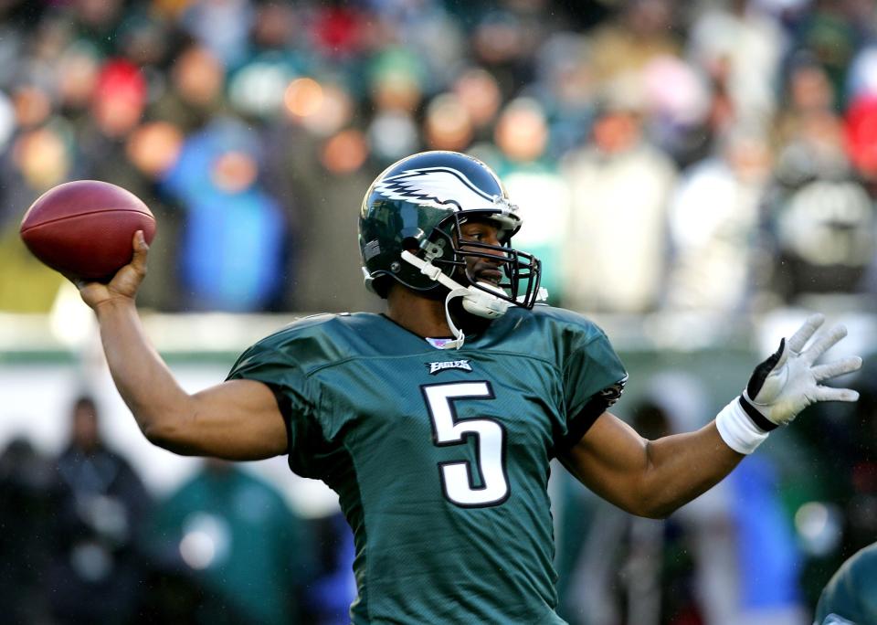 Quarterback Donovan McNabb #5 of the Philadelphia Eagles goes back for a pass in the first quarter against the Atlanta Falcons during the NFC Championship game at Lincoln Financial Field on January 23, 2005 in Philadelphia.