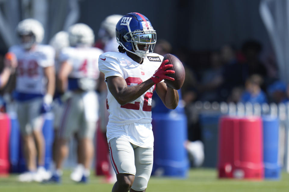 New York Giants cornerback Adoree' Jackson (22) catches a ball during an NFL football practice in Allen Park, Mich., Wednesday, Aug. 9, 2023. (AP Photo/Paul Sancya)