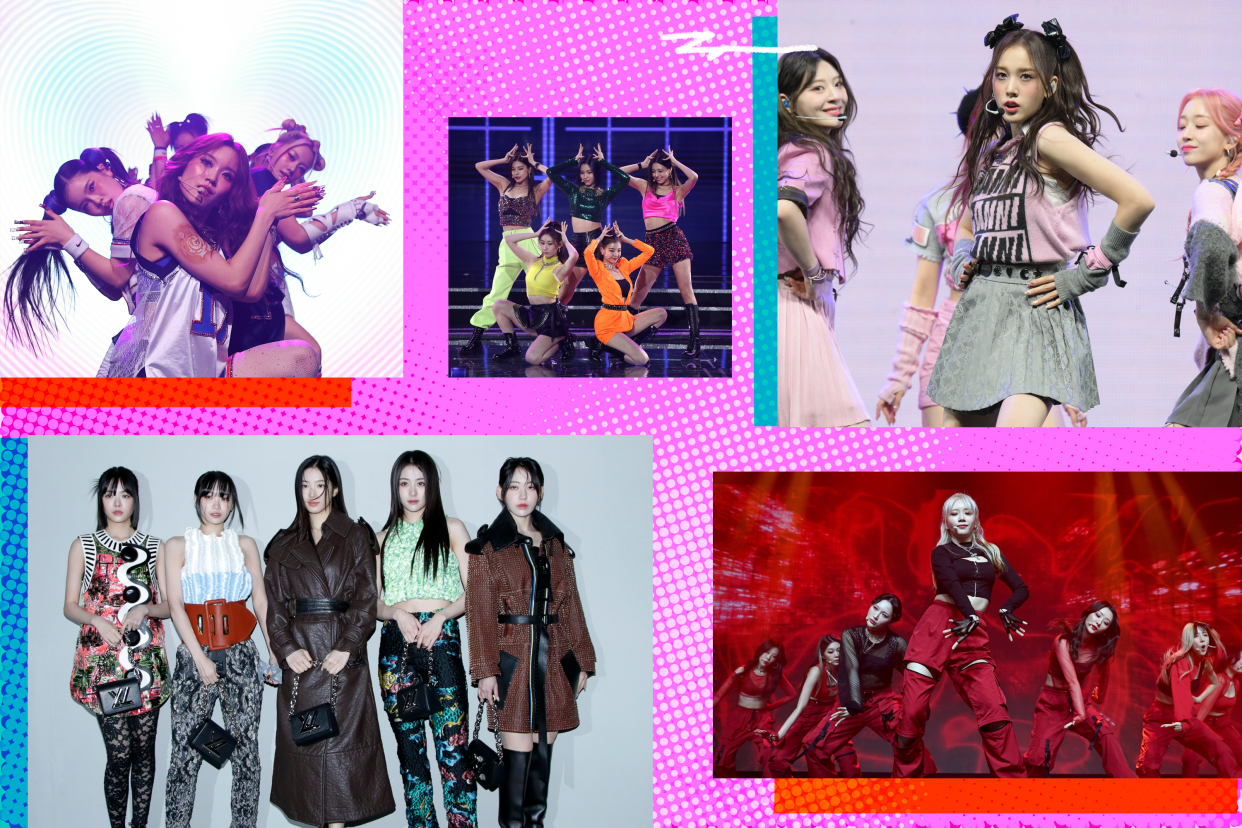 Groups like NewJeans, IVE, LE SSERAFIM are on the rise in K-pop and beyond. (Photo illustration: Yahoo News; photos: Getty Images)