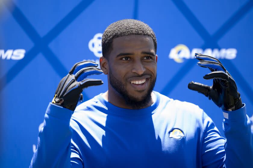 Los Angeles Rams linebacker Bobby Wagner answers questions from members of the media
