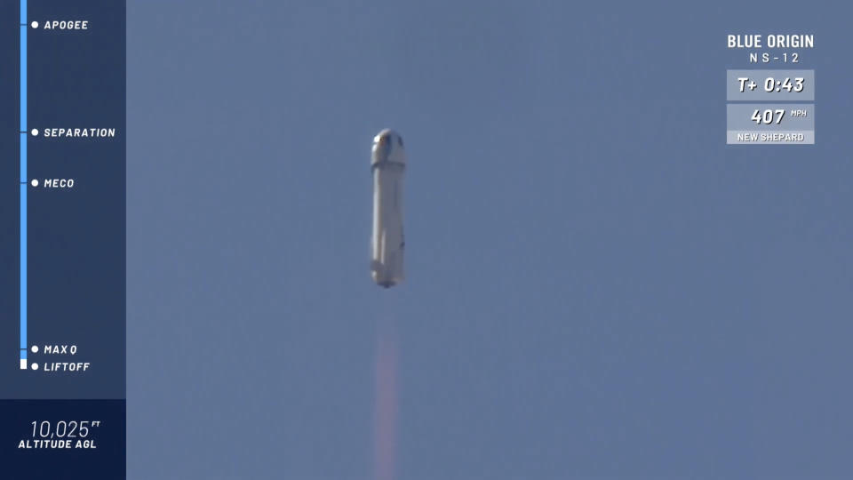 In this image taken from video provided by Blue Origin, the New Shepard rocket roars skyward shortly after take off near Van Horn, Texas. Blue Origin, Jeff Bezos' space company, has scored another successful spaceflight, when it launched and landed the same rocket for the sixth time Wednesday. (Blue Origin via AP)