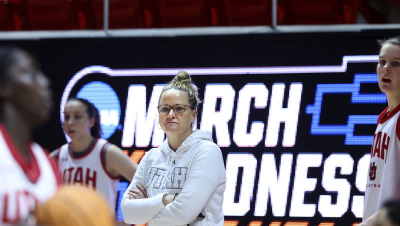 Utah’s head coach Lynne Roberts watches practice at the Jon M. Huntsman Center in Salt Lake City on Thursday, March 16, 2023. The Utes will face No. 15 seed Gardner-Webb in the first round of the NCAA Tournament on Friday at 5:30 p.m. MDT at the Huntsman Center.