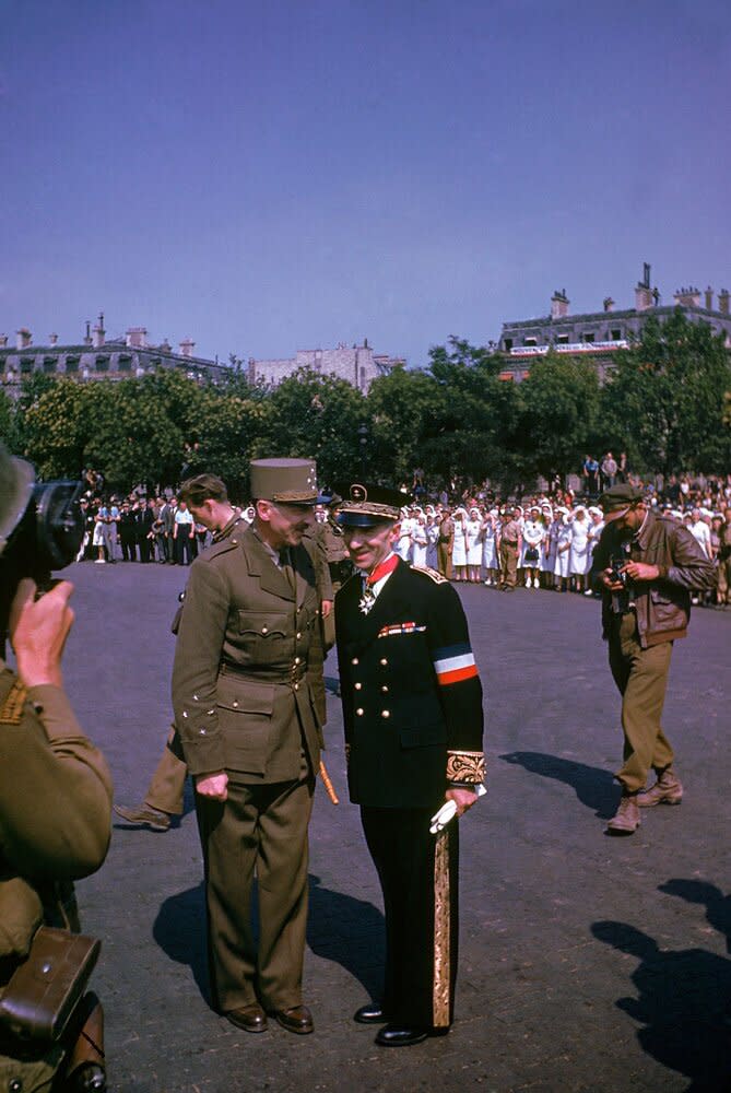 Free French General and military governor of the French capital Pierre Koenig, left, pictured during ceremonies held the day after the liberation of Paris, August 1944.