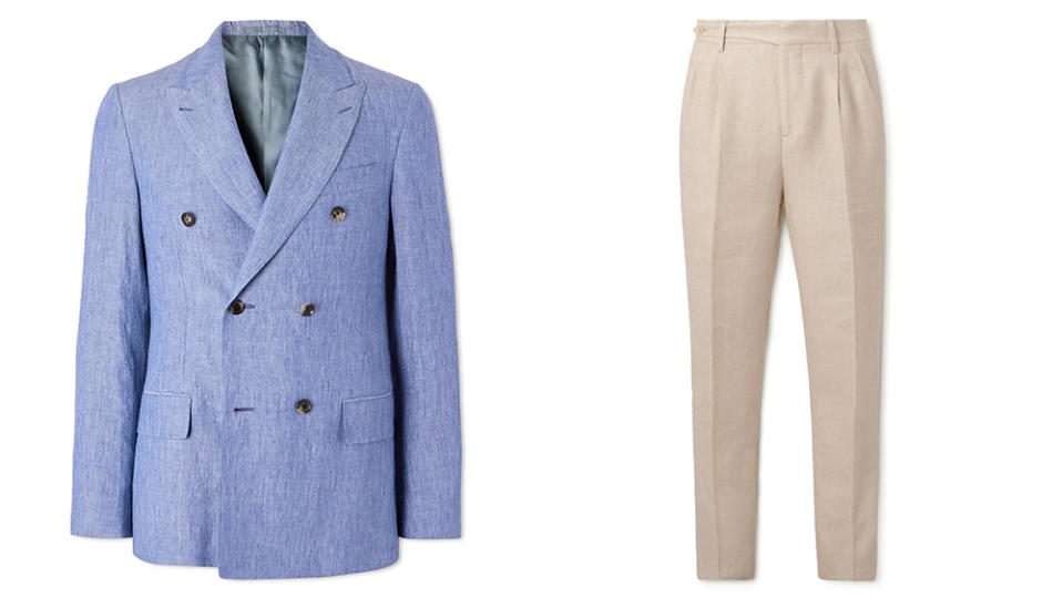 Caruso's Butterfly Jacket (left) and Brunello Cucinelli Easy Fit Trousers (right) part of the Al Fresco edit.