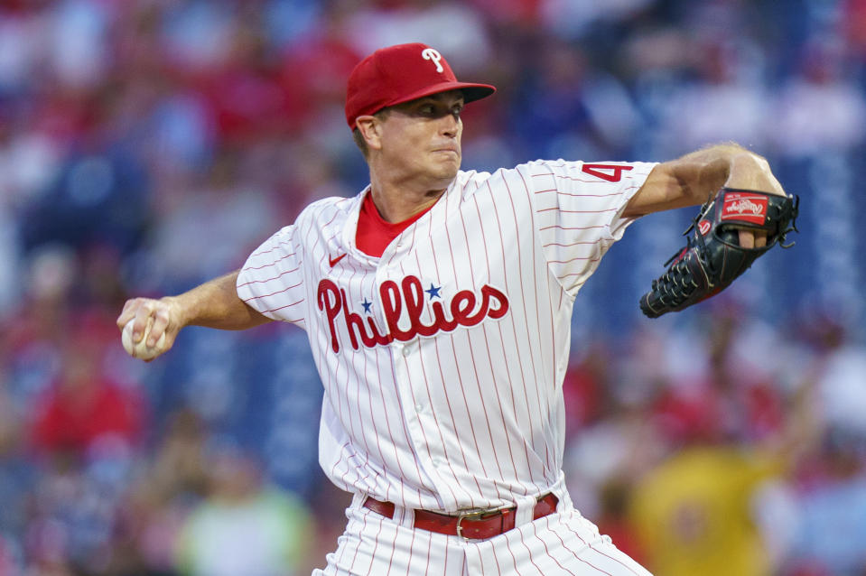 Philadelphia Phillies stating pitcher Kyle Gibson pitches during the third inning of the team's baseball game against the Washington Nationals, Friday, Aug. 5, 2022, in Philadelphia. (AP Photo/Chris Szagola)