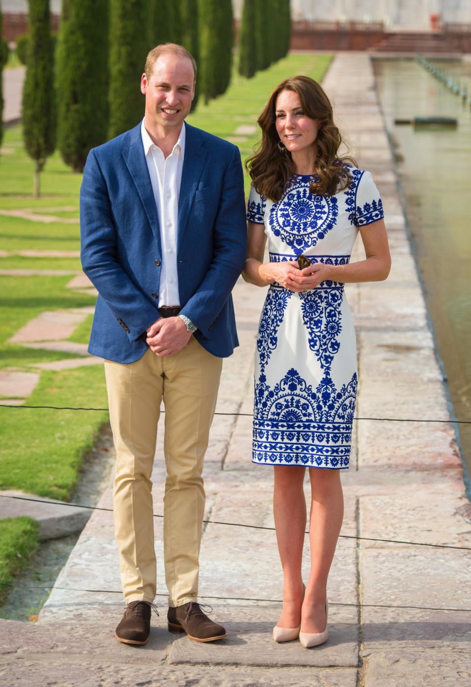 <p>A printed dress by American-Indian designer Naeem Khan was Kate’s outfit of choice for a visit to the Taj Mahal. <br><em>[Photo: PA]</em> </p>