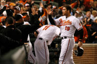 Chris Davis #19 of the Baltimore Orioles celebrates with teammates after he scored on a 2-run single by Nate McLouth #9 in the bottom of the third inning against the New York Yankees during Game One of the American League Division Series at Oriole Park at Camden Yards on October 7, 2012 in Baltimore, Maryland. (Photo by Rob Carr/Getty Images)