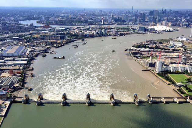 An aerial view of the Thames Barrier with closed gates (Photo: National Police Air Service/ gov.uk)