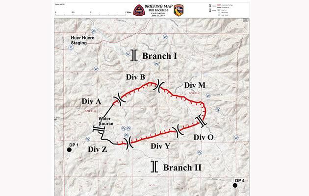 The incident map released by California Fire shows the fire area broken up in divisions. Source: KSBY