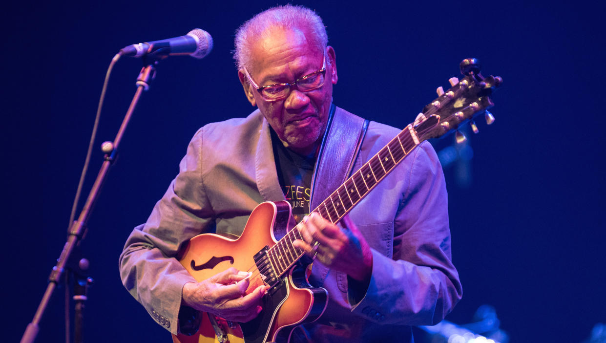  Ernest Ranglin performs at the Barbican Centre in London on June 27, 2016. 