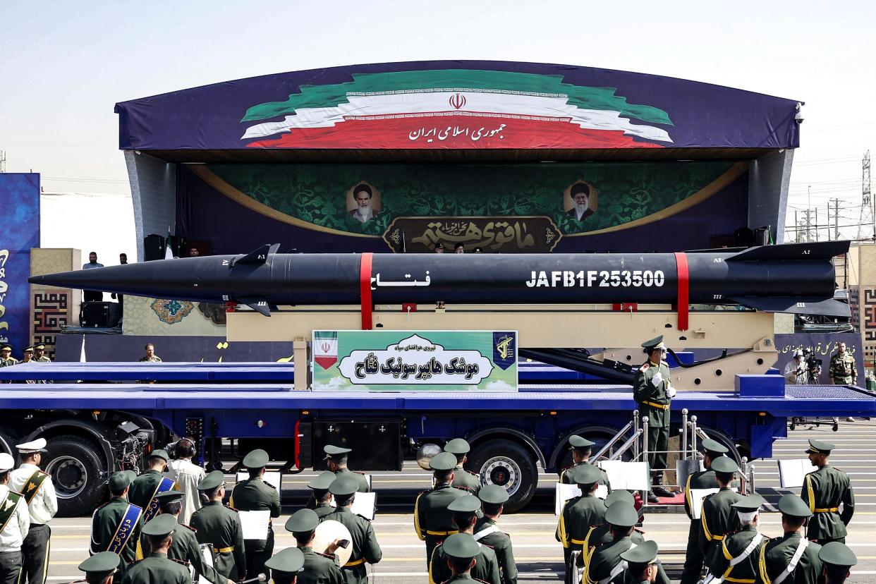 A truck carries an Iranian 'Fattah' hypersonic ballistic missile during the annual military parade marking the anniversary of the outbreak of the devastating 1980-1988 war with Saddam Hussein's Iraq, in Tehran on September 22, 2023.