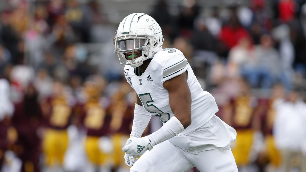 Eastern Michigan's Korey Hernandez is shown against Central Michigan during an NCAA football game on Saturday, Oct. 5, 2019, in Mount Pleasant, Mich. (AP Photo/Al Goldis)