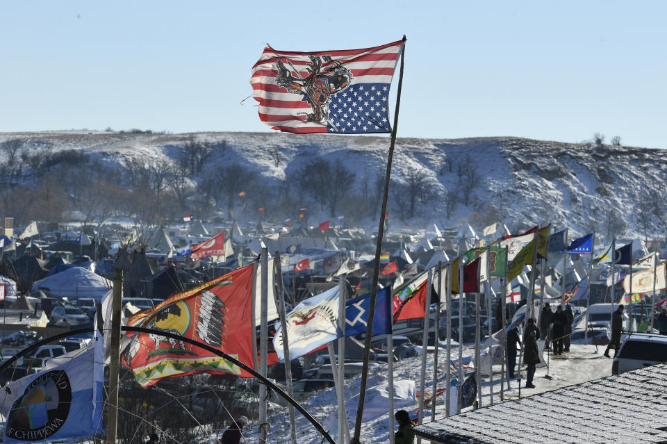 A Sioux American flag hangs upside down at the encampment at Oceti Sakowin camp on the Standing Rock Sioux Reservation.