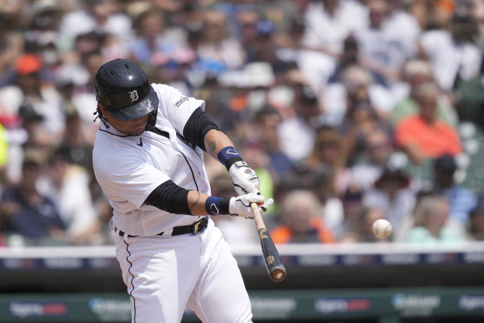 Detroit Tigers designated hitter Miguel Cabrera connects for a double during the second inning of a baseball game against the Arizona Diamondbacks, Saturday, June 10, 2023, in Detroit. (AP Photo/Carlos Osorio)