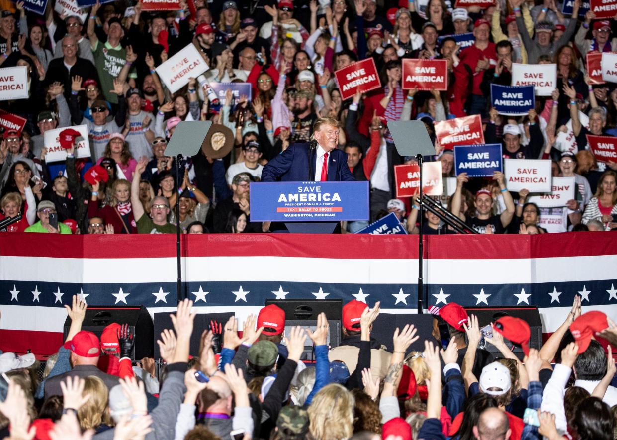 Former President Donald Trump speaks during a Save America rally at the Michigan Stars Sports Center in Washington Township on April 2, 2022.