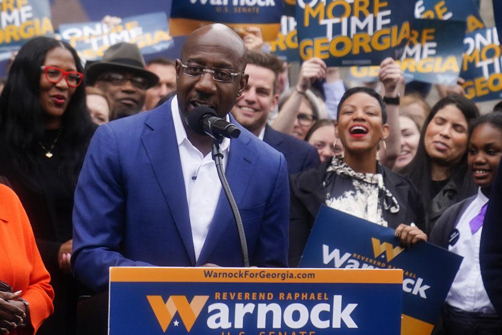 Sen. Raphael Warnock, D-Ga., speaks during a news conference, Nov. 10, 2022, in Atlanta. (AP Photo/Brynn Anderson, File)