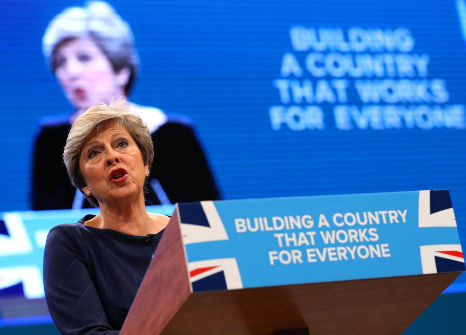 Britain’s Prime Minister Theresa May addresses the Conservative Party conference in Manchester, October 4, 2017. REUTERS/Hannah McKay