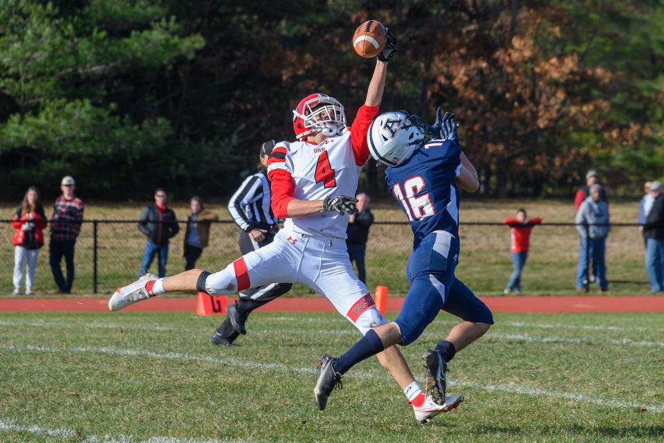 ORR's Stephen Old breaks up a pass intended for Apponequet's Harrison Lemieux.