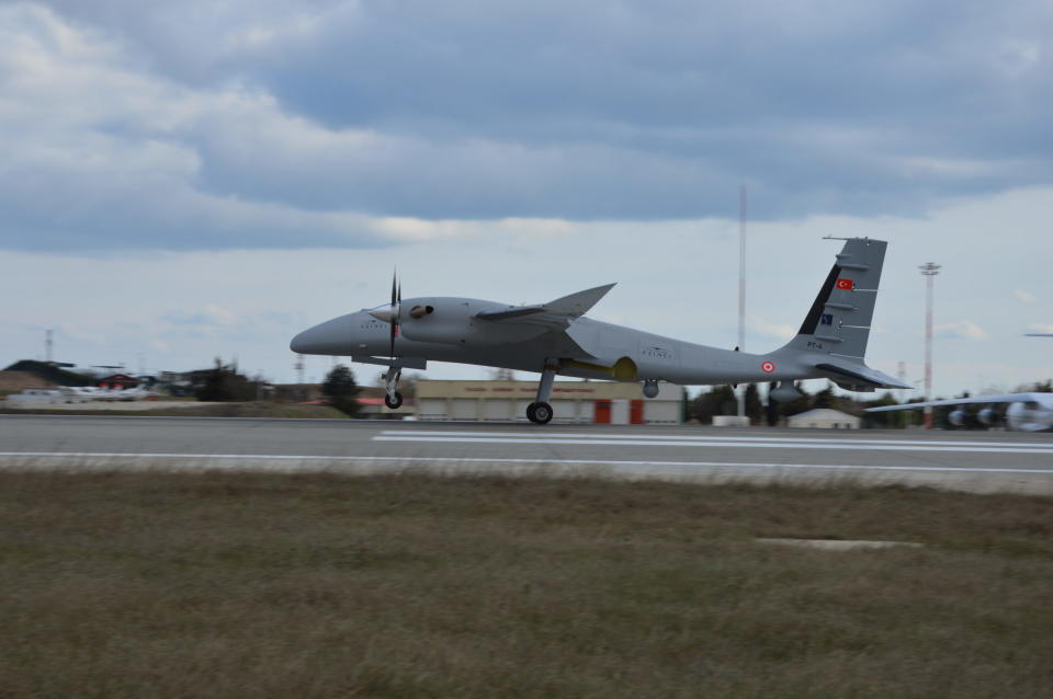 A Bayraktar Akinci drone. <em>Photo by Baykar/Anadolu Agency via Getty Images</em>