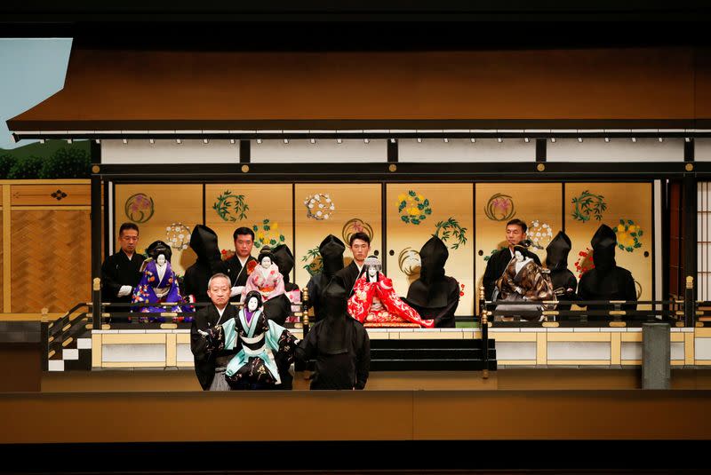 Kanjuro Kiritake, a Bunraku puppeteer, performs Japan's traditional puppet drama called 'Bunraku' at National Theatre in Tokyo