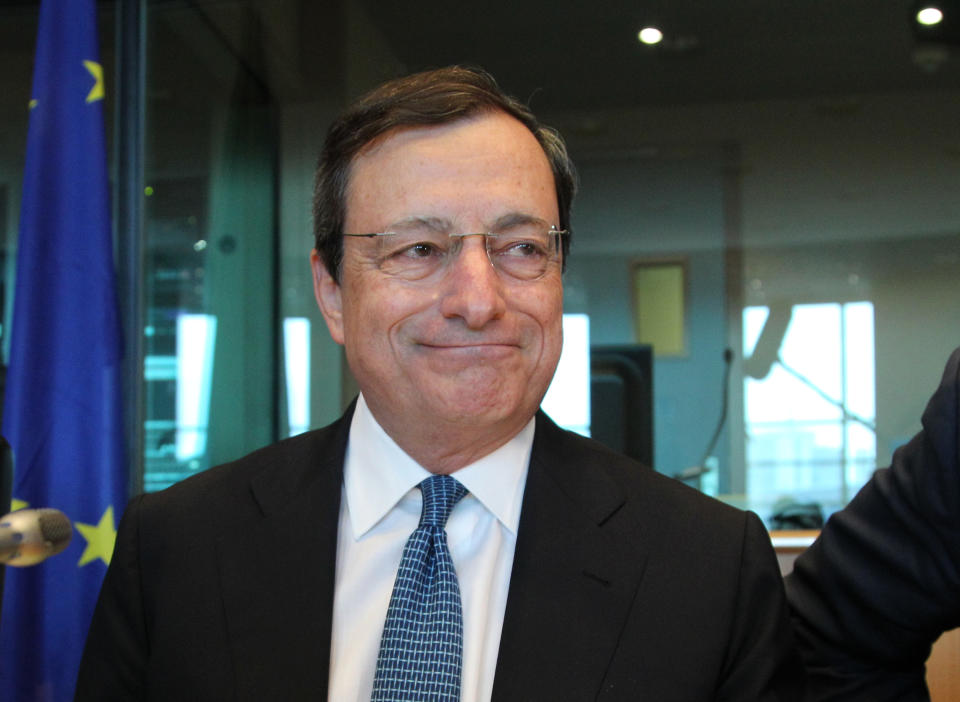 President of the European Central Bank Mario Draghi attends the Committee on Economic and Monetary Affairs at the European Parliament in Brussels, Monday, July 9, 2012. (AP Photo/Yves Logghe)