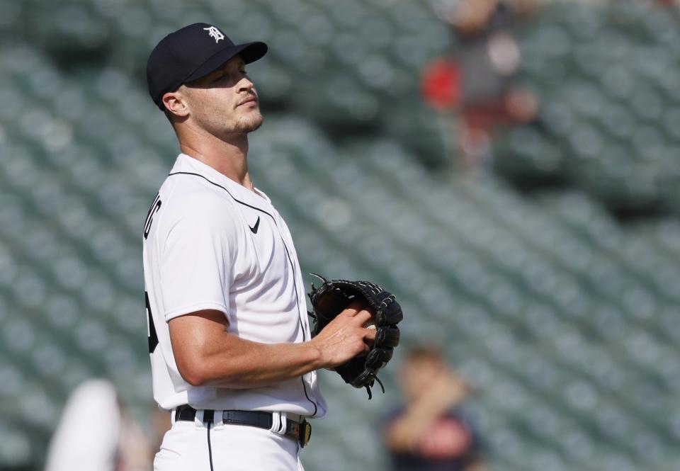 Tigers pitcher Matt Manning reacts after giving up a solo home run to Angels DH Shohei Ohtani during the fourth inning of Game 2 of a doubleheader on Thursday, July 27, 2023, at Comerica Park.