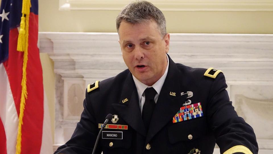 Brig. Gen. Thomas H. Mancino, adjutant general of the Oklahoma National Guard, speaks at a press conference regarding federal overreach and vaccine mandates from the Biden administration.