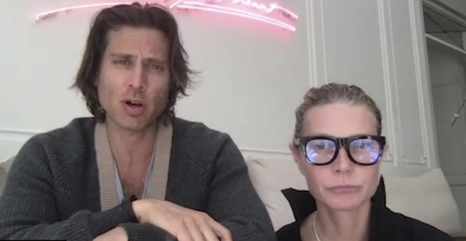 Brad Falchuk and Gwyneth Paltrow talked with an intimacy expert during quarantine. (Screenshot: Goop/YouTube)