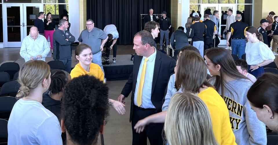 New NKU women's basketball head coach Jeff Hans talks to returning Norse players inside Truist Arena April 22, 2024.