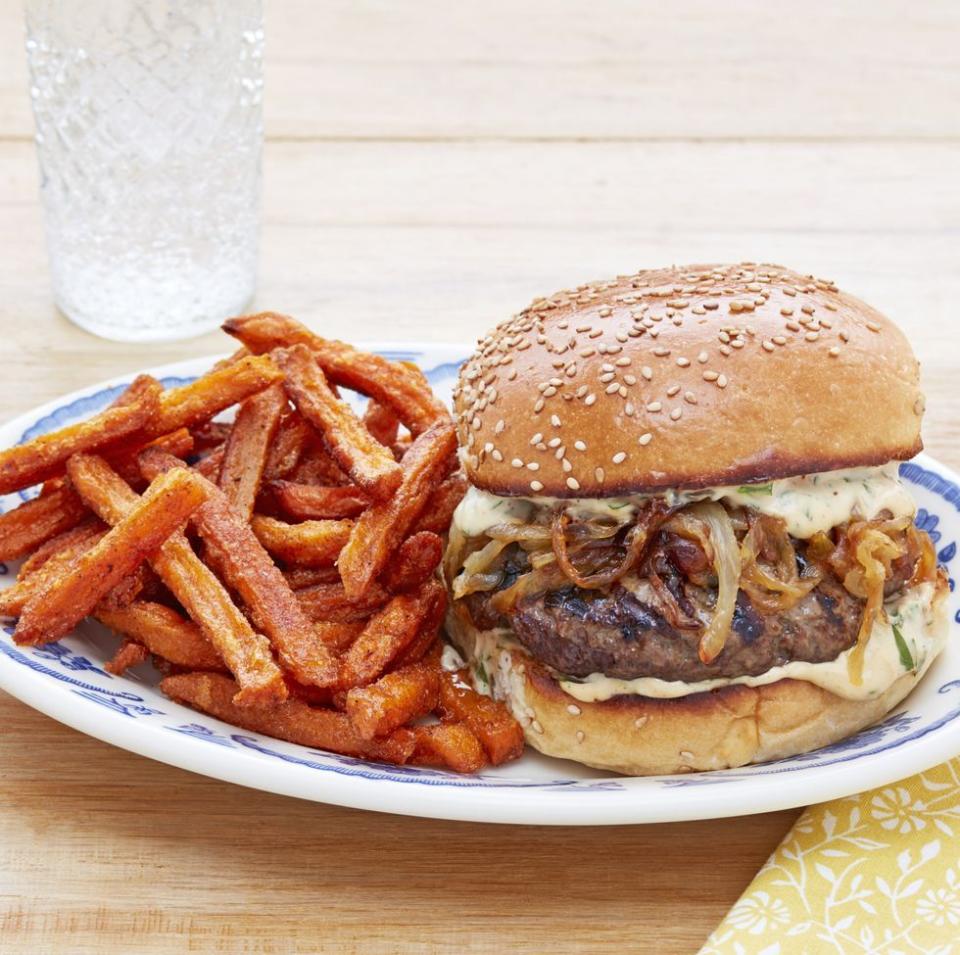 Salisbury Steak Burgers with Sweet Potato Fries