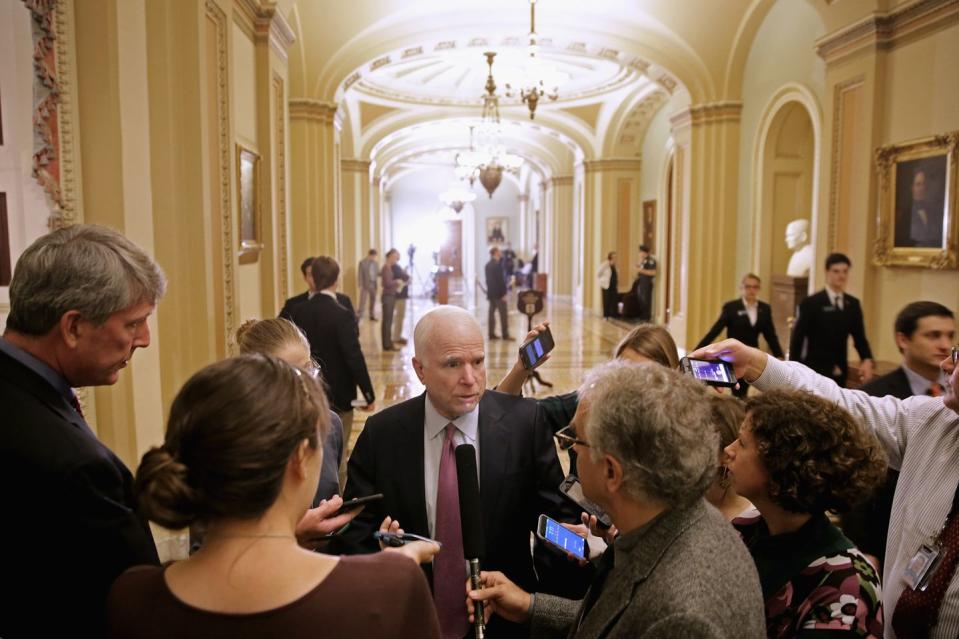 <p>McCain, who was chairman of the Senate Armed Services Committee, talks with reporters after the National Defense Authorization Act passed 93-1 at the U.S. Capitol on November 10, 2015. </p>